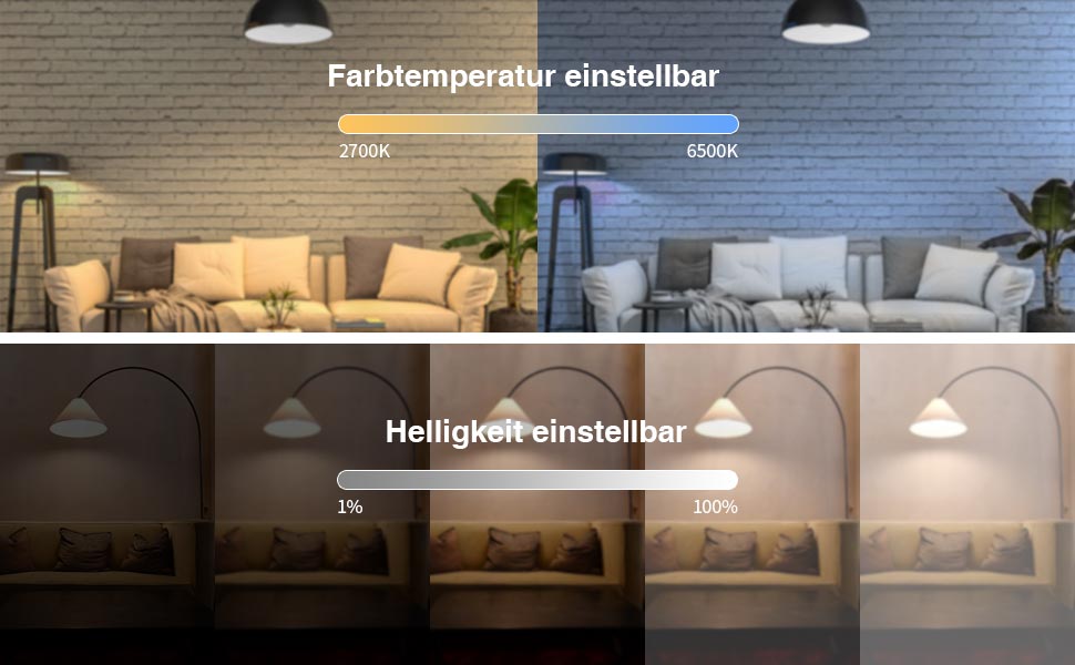 Der Text lautet 'Ferientemperatur einstellen', 'Helligkeitseinsteller'. Innenraum mit mehreren Pendelleuchten, die von der Decke hängen.