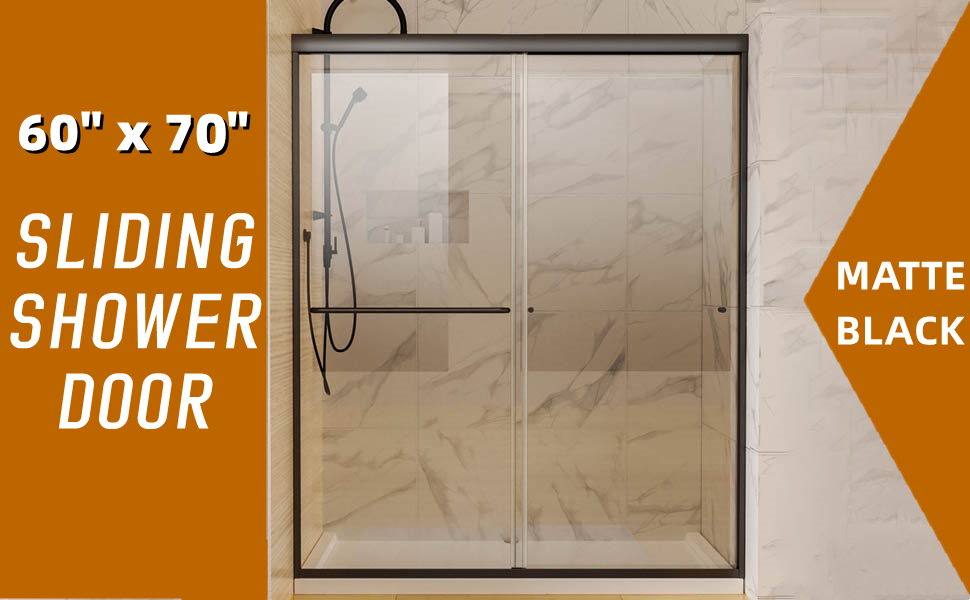 5660" W x 70" H Shower Door, Matte Black Soft Close Sliding Glass