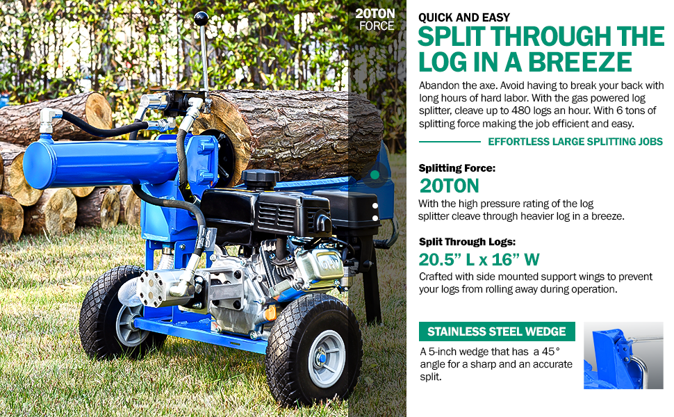 Landworks Log Splitter Portable 20 Ton Rapid Auto Return