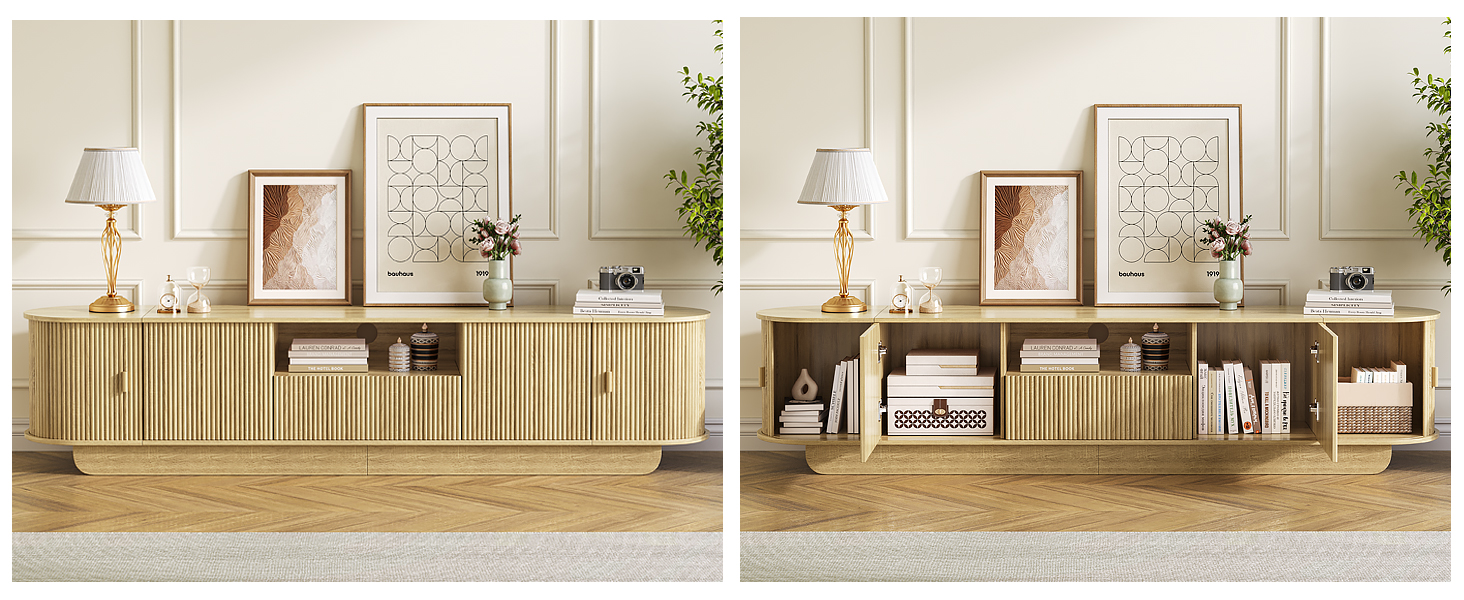 Tambour TV Stand, Modern Entertainment Center with Large Storage Cabinet & Open Shelves, TV Console