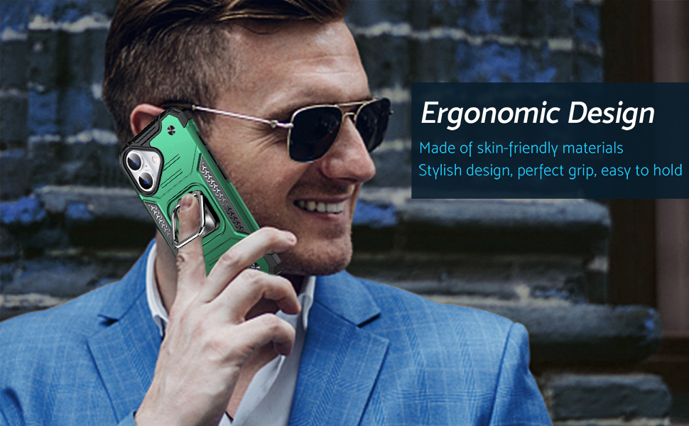 Man in blue shirt and sunglasses holding green phone case to ear. Text mentions 'Ergonomic Design' with details about grip and style.