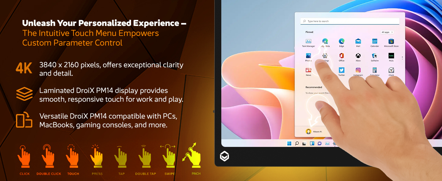 DroiX PM14T UHD 4K portable touchscreen monitor with intuitive menu for laptop and gaming use
