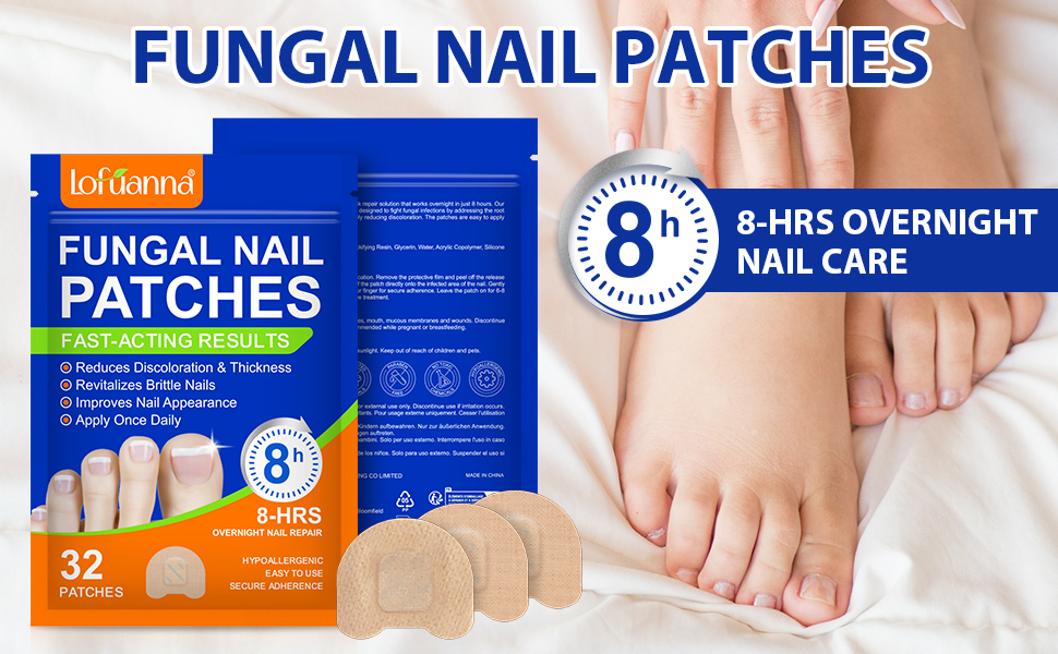 Text reads 'FUNGAL NAIL PATCHES' and '8 HRS OVERNIGHT NAIL CARE'. Product packaging shows blue medical patches with application demonstrations on toenails.