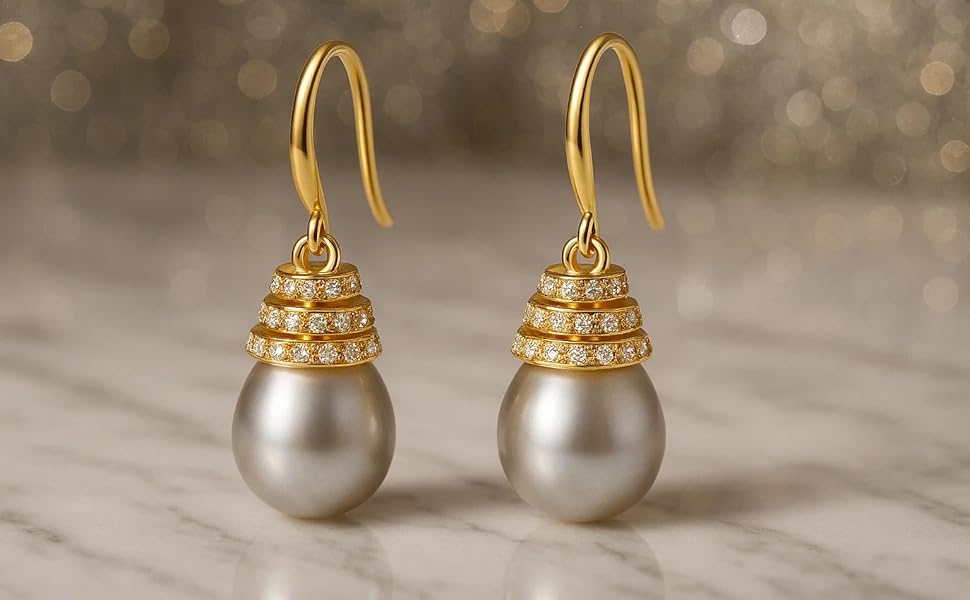 Freshwater Pearl Earrings, 925 Sterling Silver Gold-Plated,Elegant Jewelry for Women