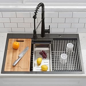 SHACO 33x22 Black Drop In Kitchen Sink, 33 Inch Gunmetal