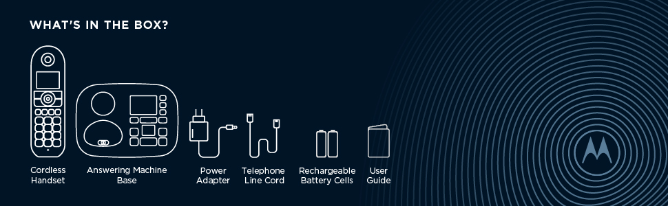 Motorola CD5011 cordless phone includes power adapter, rechargeable battery, telephone line cord