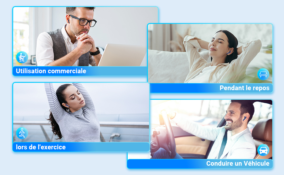 Image composite montrant quatre scènes : personne utilisant un appareil au bureau, personne se relaxant sur le canapé, personne qui s'étire au bureau et personne conduisant une voiture. Des étiquettes bleues en français décrivent chaque activité.