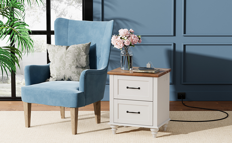 FITUEYES White Side Table End Table with Charging Station