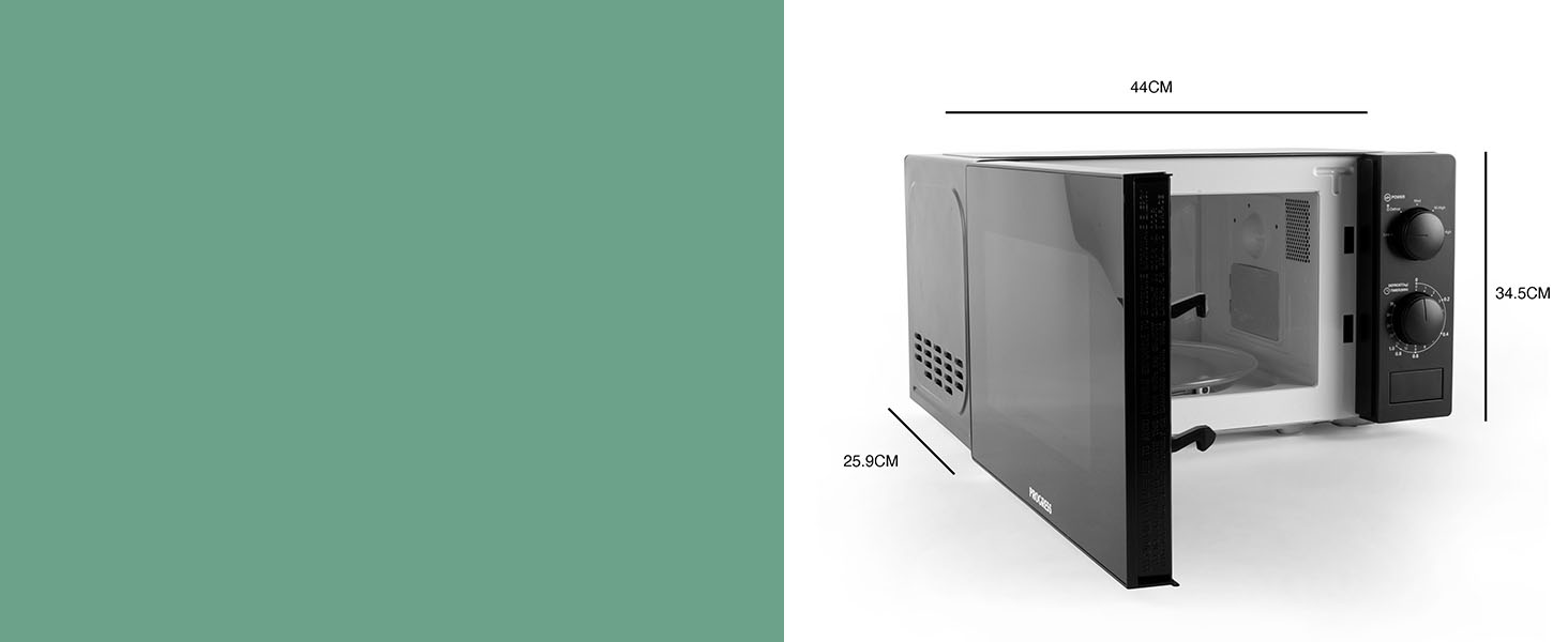 shwoing the microwave dimensions 44 x 25.9 x 34.5 cm