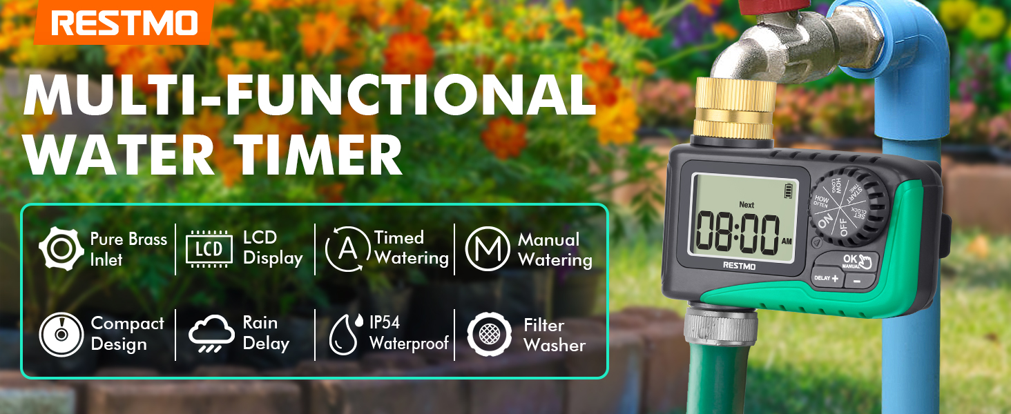RESTMO Water Timer with Brass Inlet, Programmable Sprinkler Timer for