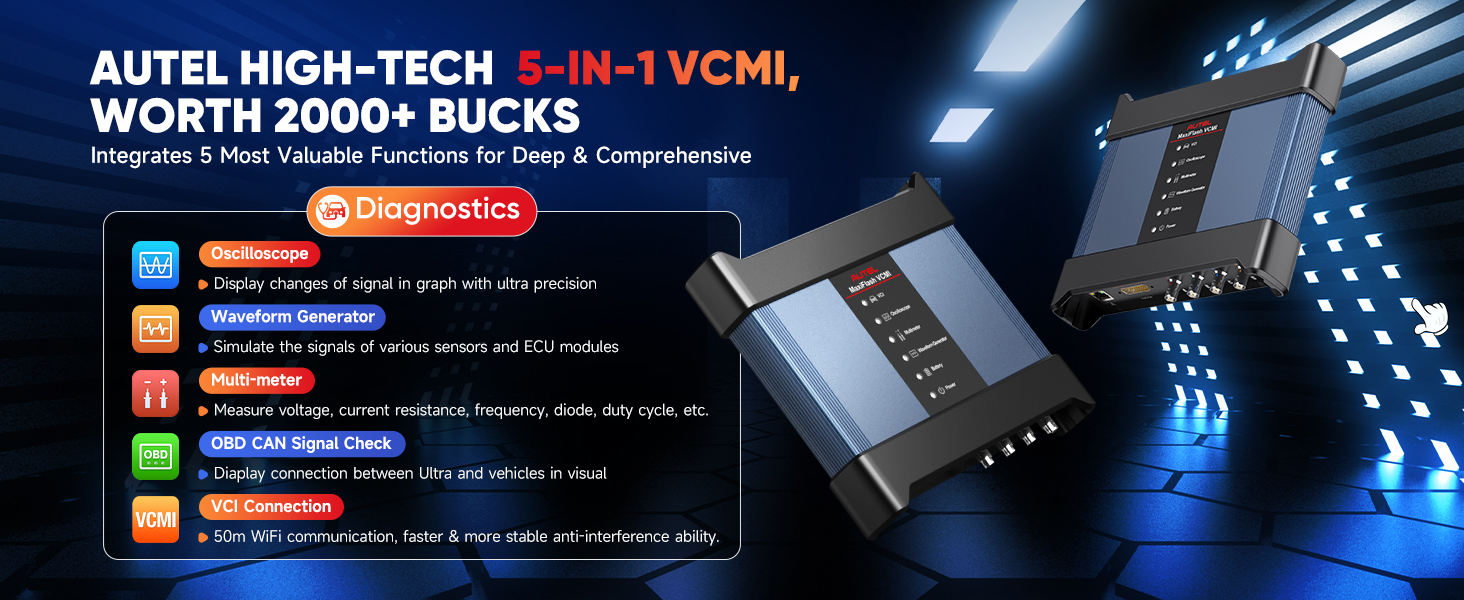 5-in-1 vcmi oscilloscope waveform generator multi-meter obd can signal check vci connection