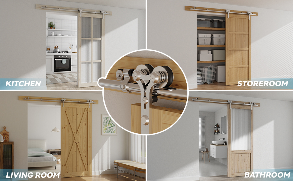 Le texte se lit comme suit : « CUISINE, CELLIER, SALON, SALLE DE BAIN ». Image à panneaux multiples montrant la quincaillerie de porte de grange installée dans différentes pièces, avec un détail central du mécanisme à rouleaux en acier inoxydable.