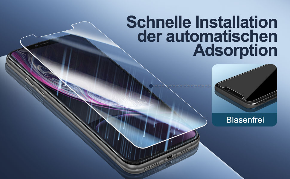 Installationsvorgang für den Smartphone-Displayschutz. Der deutsche Text weist auf eine schnelle, automatische und blasenfreie Anwendung
