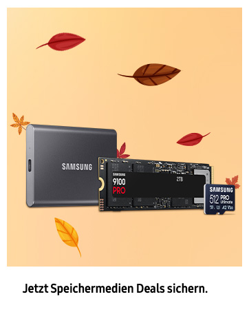 Text lautet: „Jetzt Speichermedien Deals sichern.“ Samsung-Speichergeräte, einschließlich SSD und Speicherkarten, vor pfirsichfarbenem Hintergrund mit fallenden Herbstblättern.