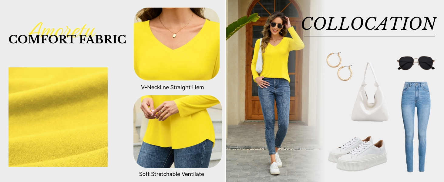 Amoretu Womens Casual Basic Long Sleeve V Neck T Shirts 