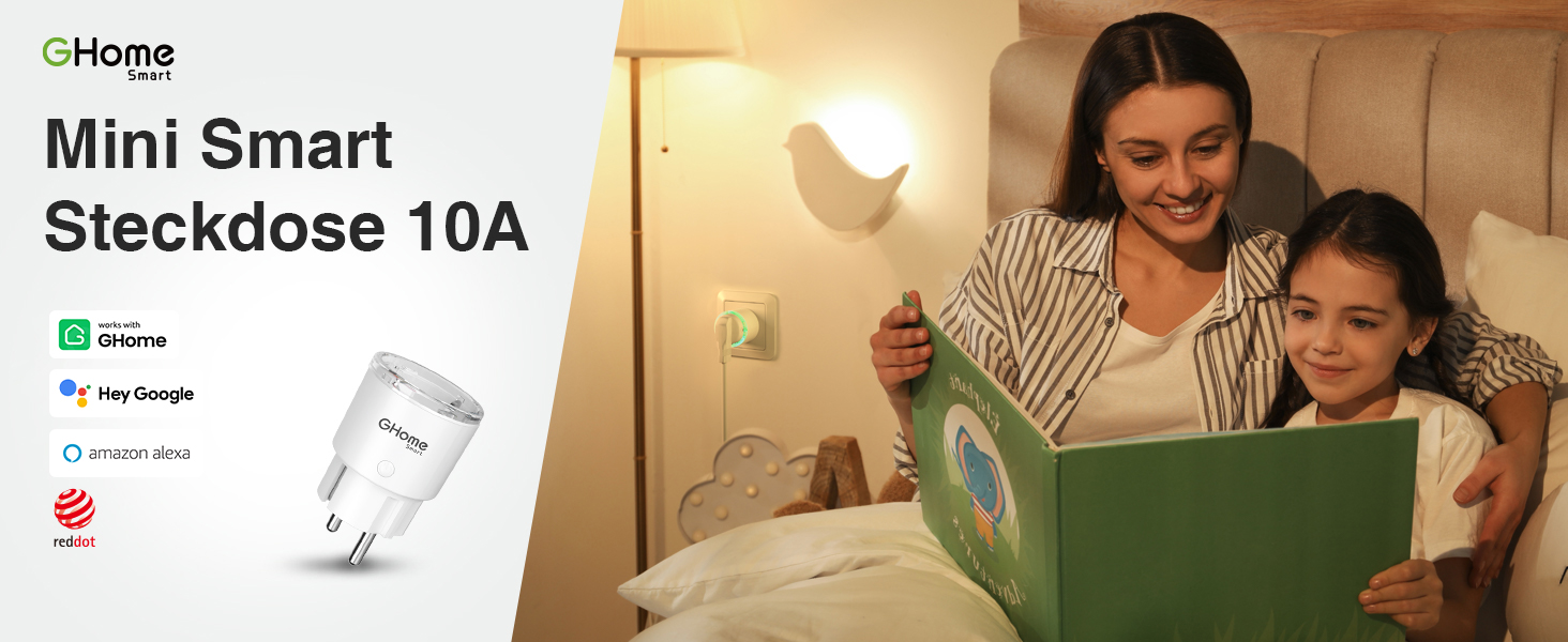 Text: „Mini Smart Steckdose 10A“. Produktmarketing-Bild, das ein intelligentes Plug-Gerät mit Anzeigelampen und kompaktem Design zeigt.