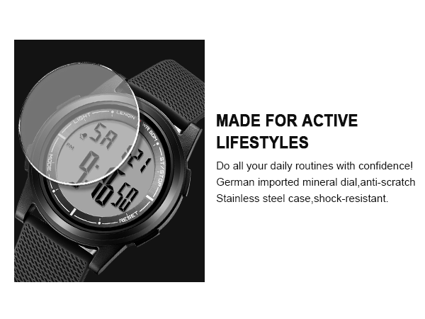 Digital sports watch with round display showing time. Black case and strap. Features anti-scratch mineral glass and shock-resistant stainless steel case for active lifestyles.