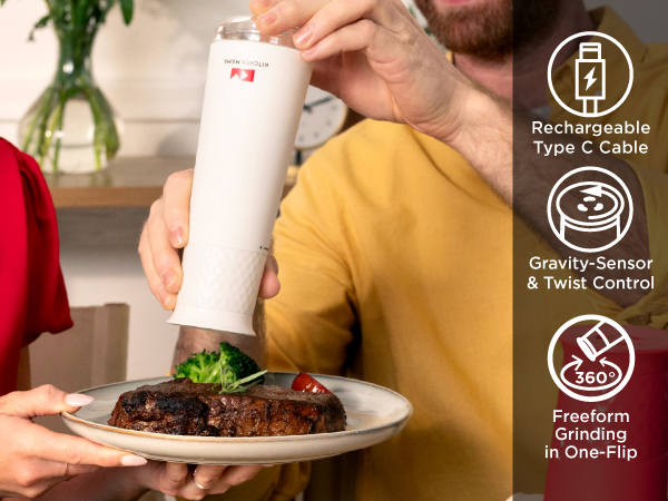 Kitchen Mama FlipTastic Rechargeable Gravity Salt and Pepper Grinder