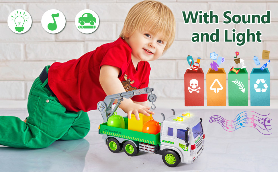 HERSITY Garbage Truck Toy Bin Lorry for Kids, Rubbish Truck with Lights
