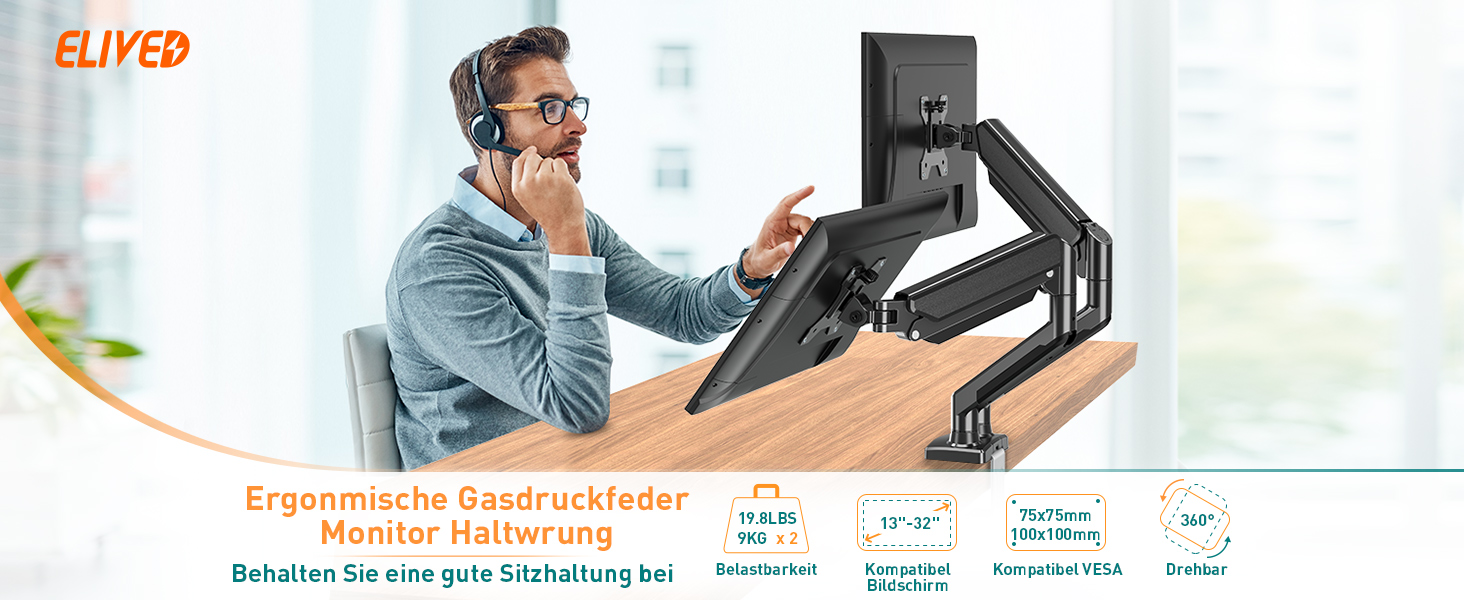 ELIVED Bildschirmhalterung 2 Monitore Befreien Sie Ihren Schreibtisch, strecken Sie Ihren Körper.