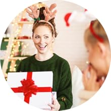 Series of images that show moments of gift delivery with gifts wrapped with red bows and decorative elements.