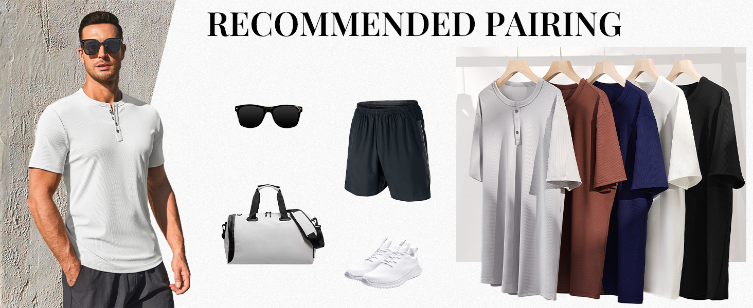 Men's Henley Shirts Short Sleeve Casual Ribbed Knitted Summer T-Shirt Slim Fit Workout Muscle Tops