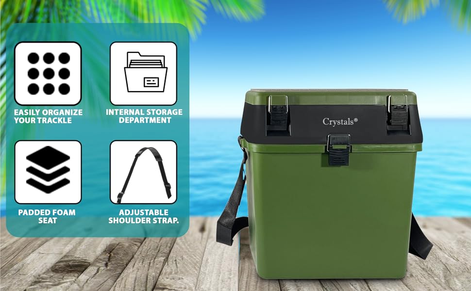 Crystals Fishing Tacke Box Seat - Sea Fishing Padded Seat with Bait Lure Box Set - Carp Fishing Kit Accessories Box - Fishing Gear Storage Organiser, Green/Black 13 fishing seat with storage