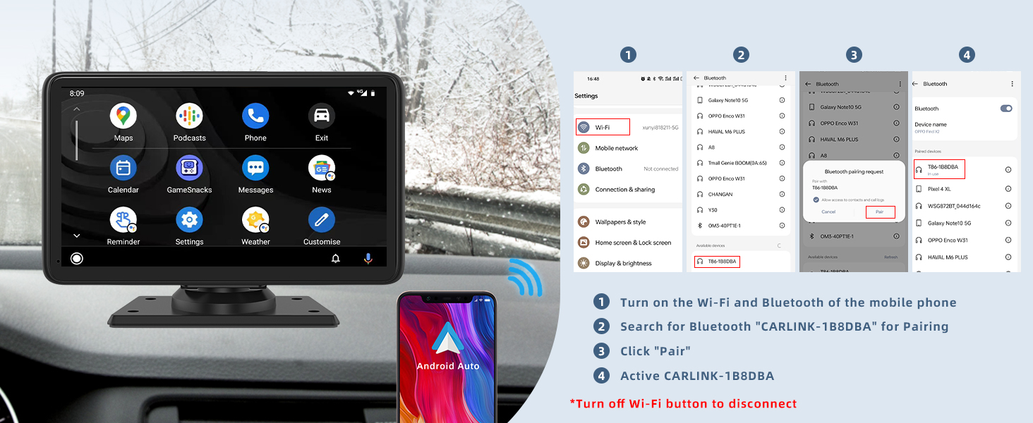 Portable Car Radio with Wireless Apple CarPlay & Android