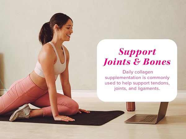 Supports Joints & Bones, woman doing yoga in front of laptop in room