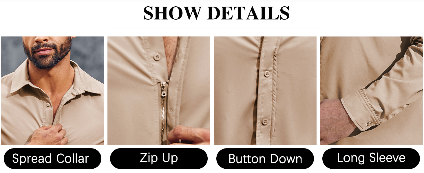 Mens Button Down Dress Shirt Long Sleeve Slim Fit Zip Up Formal Business Wedding Tuxedo Shirts