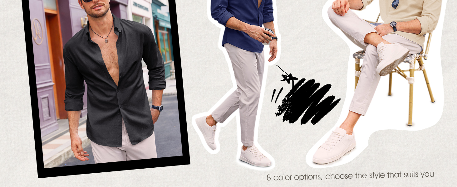 Camicia da uomo con bottoni in cotone e lino, casual, a maniche lunghe, con colletto, stile hippie, da spiaggia_voghion.com