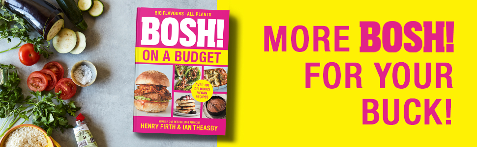 (pic) Bosh on a Budget book. (text) More BOSH! For Your Buck!