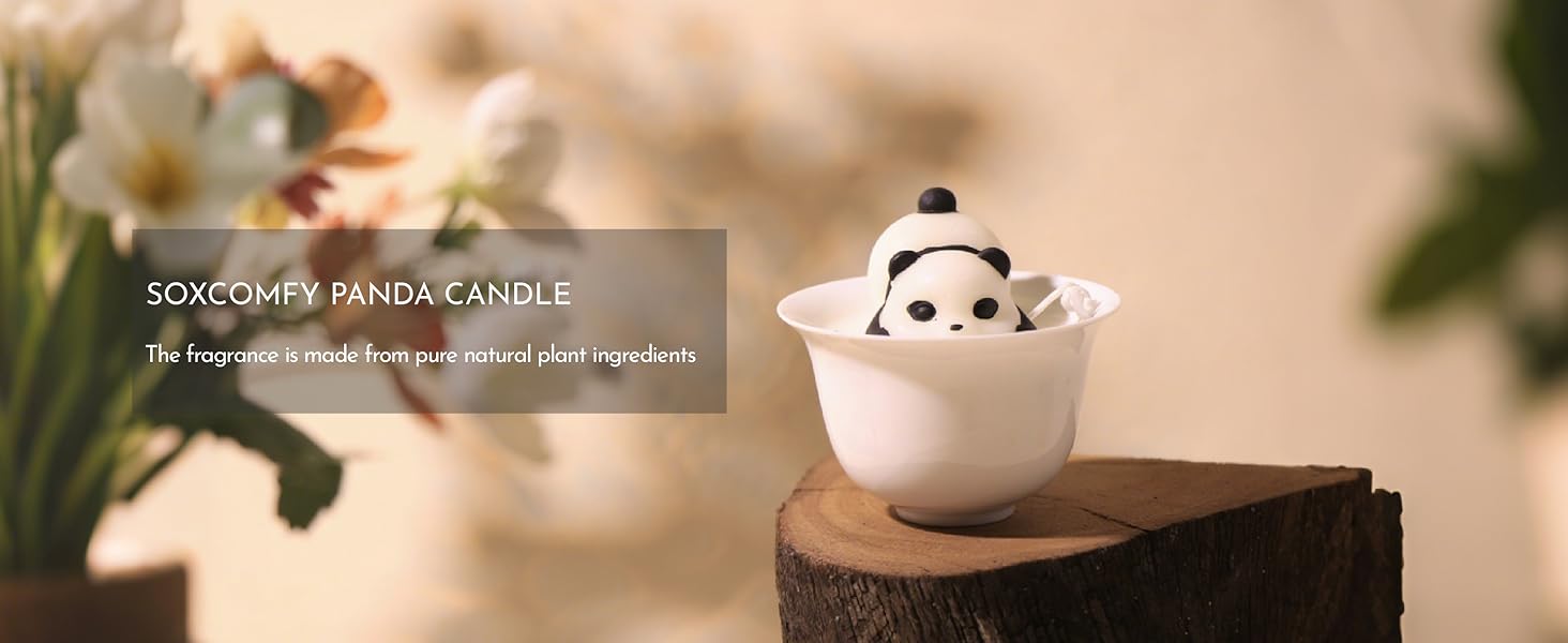 Soy candle,Ceramic teacup jar, Reusable container, Smokeless, Panda lid, Home decor, Botanical scent