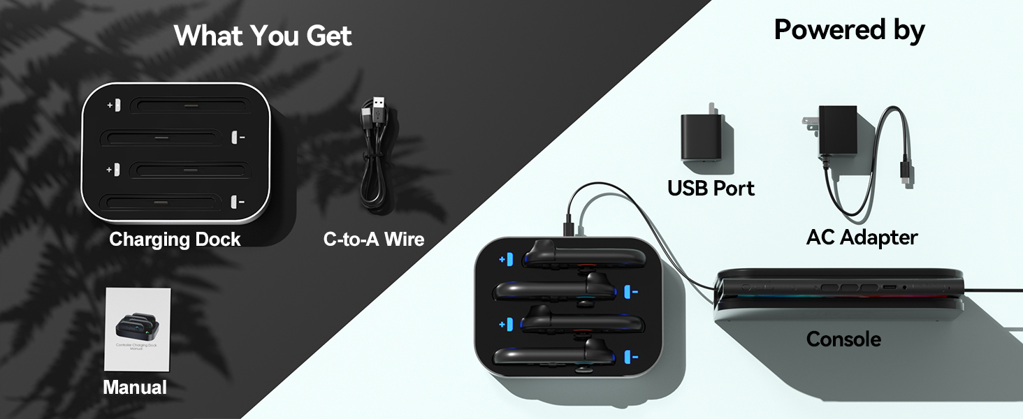 Le texte indique « Ce que vous obtenez » et « Propulsé par ». Schéma du contenu du produit montrant la station de chargement, le port USB, le câble de type C, l'adaptateur secteur, le manuel et les composants de la console.