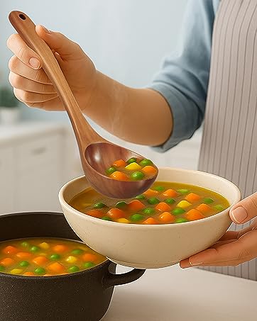 Close image showing man serving soup with asian soup spoons also called oil spoon