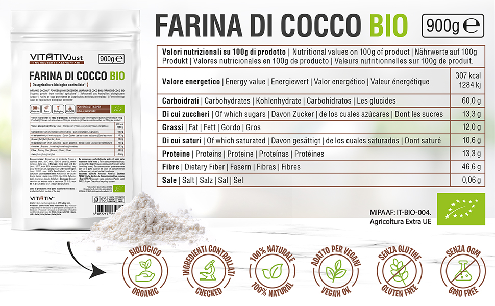 Etichetta del prodotto per farina di cocco biologica, che riporta informazioni nutrizionali, ingredienti e simboli di certificazione. Peso della confezione: 900 g.
