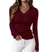 PRETTYGARDEN V Neck Cable Knit Sweaters for Women 2025 Long Sleeve Ribbed Fitted Pullover Tops Bu...