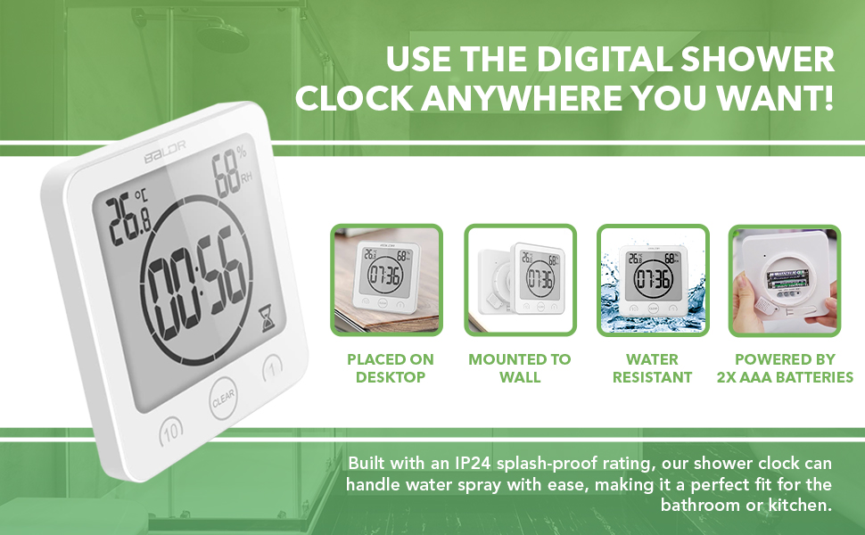 BALDR Digital Shower Clock with Timer Waterproof Shower