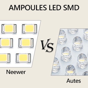 Schéma de comparaison des lampes LED SMD affichant les LED de la marque Neewer à gauche par rapport à la marque Autes à droite, affichant différentes configurations