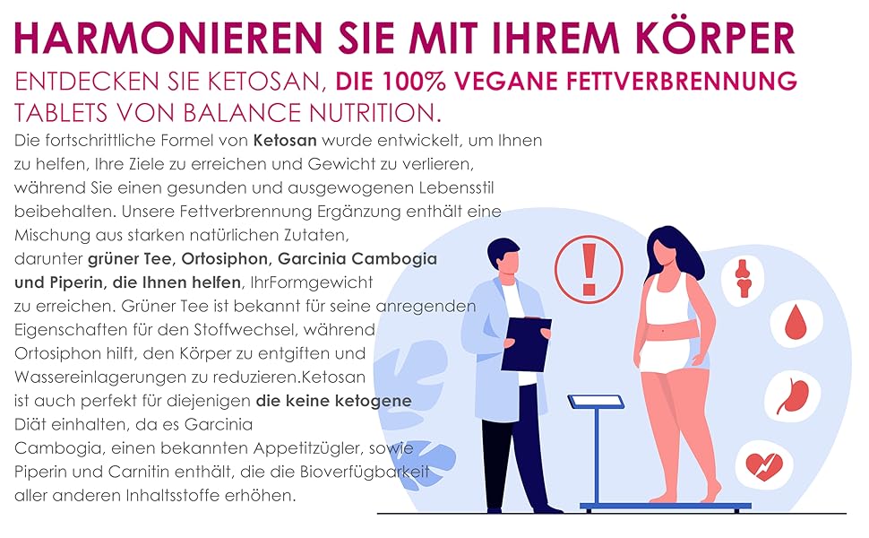 Marketing illustration showing dietary supplement information, featuring a scale icon and simplified figures with health-related symbols in pink and blue tones.