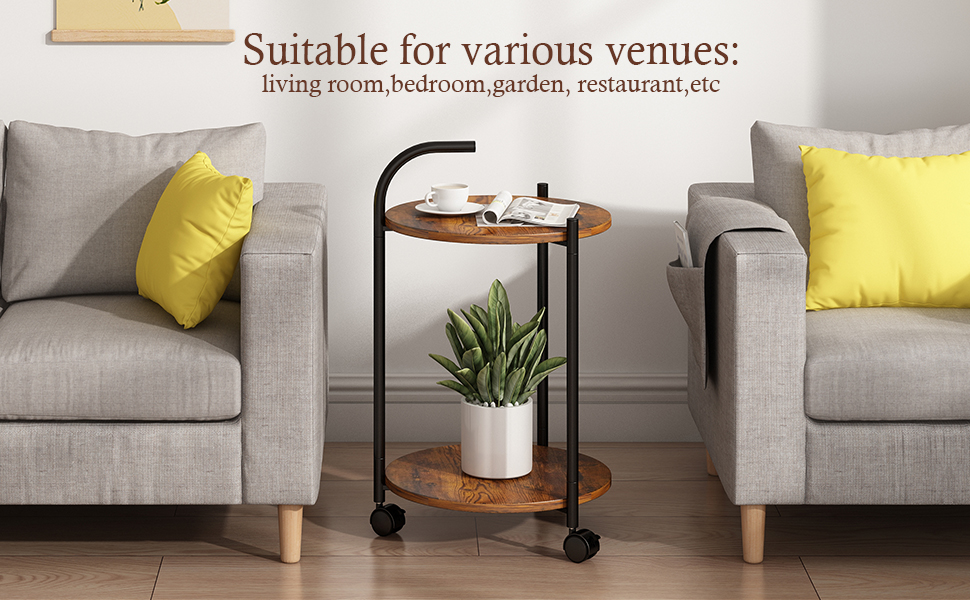 CAVSOIR Side Table 2Tier Round End Table with Rolling Wheels Bedside