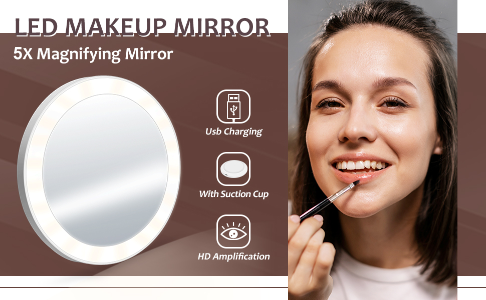 LED Lighted Magnifying Mirror 5X, PalmTop Mirror with Suction Cup, for