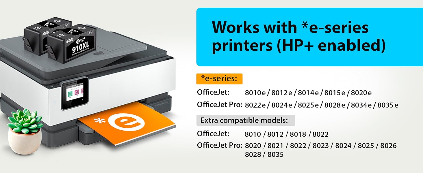 Works with HP+ and e-series printers