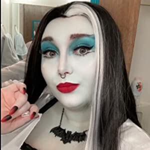 Lily Munster Perücke, Lily Munster Kostüm, Totenfeier Kostüm Perücke, lange Perücke mit Witwe Peak