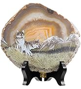 Rockcloud Wolf Agate Slab Display with Wooden Stand Irregular Shape Aagte Slice Stone Home Office...