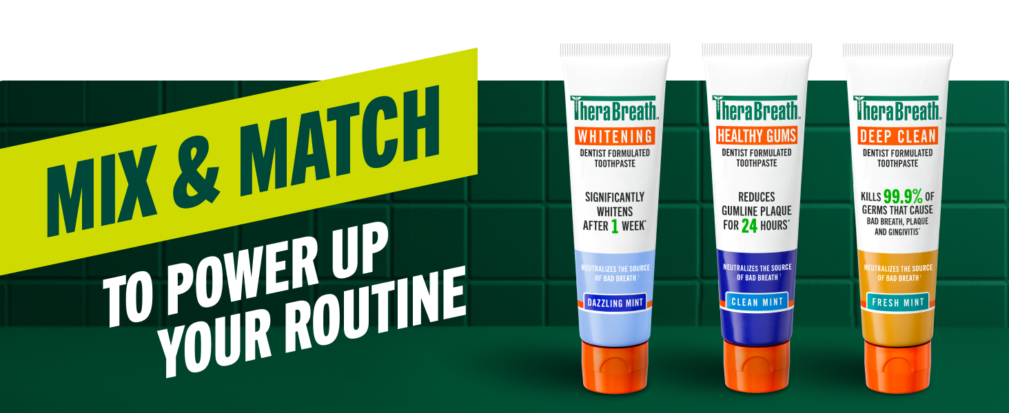 Three anticavity toothpastes whitening healthy gums and deep clean placed on a dark green background