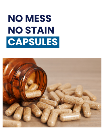 No mess no stain capsules shown spilling from amber bottle with clean non-staining capsule shell