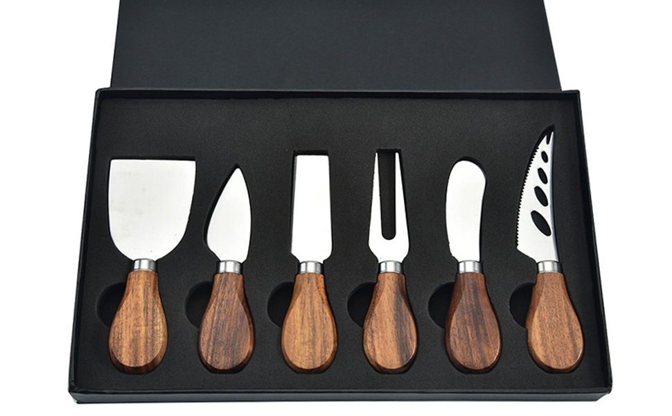Okllen 6 Piece Cheese Knives Set with Acacia Wood Handles, Stainless Steel