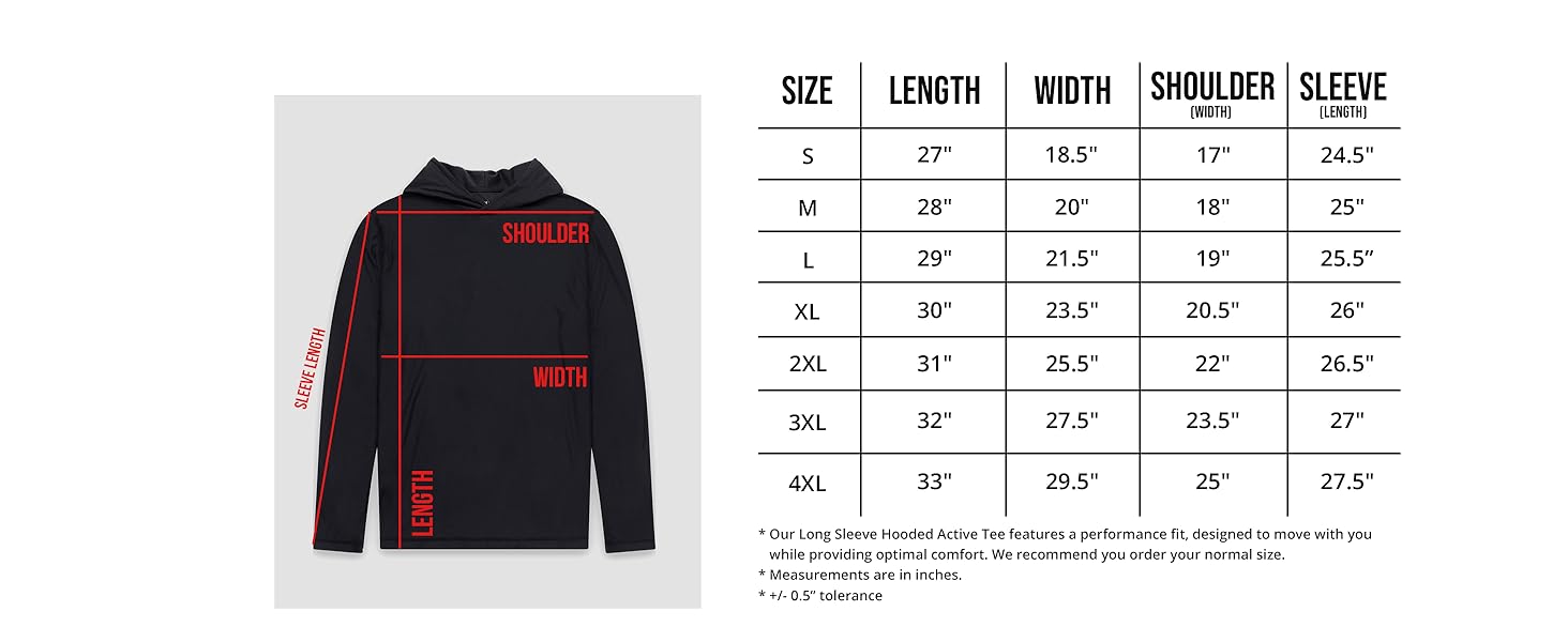 INTO THE AM Long Sleeve Hooded Active Tee Size Chart