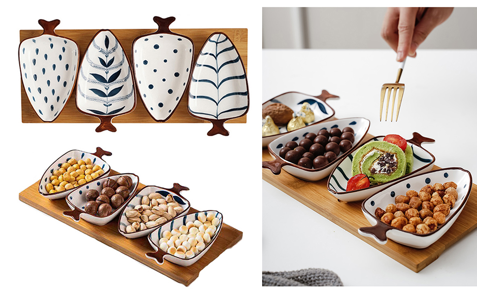 Ceramic Pinch Bowl with Bamboo Tray - Decorative Fish Shaped Chips and Dip Serving Dish Platters